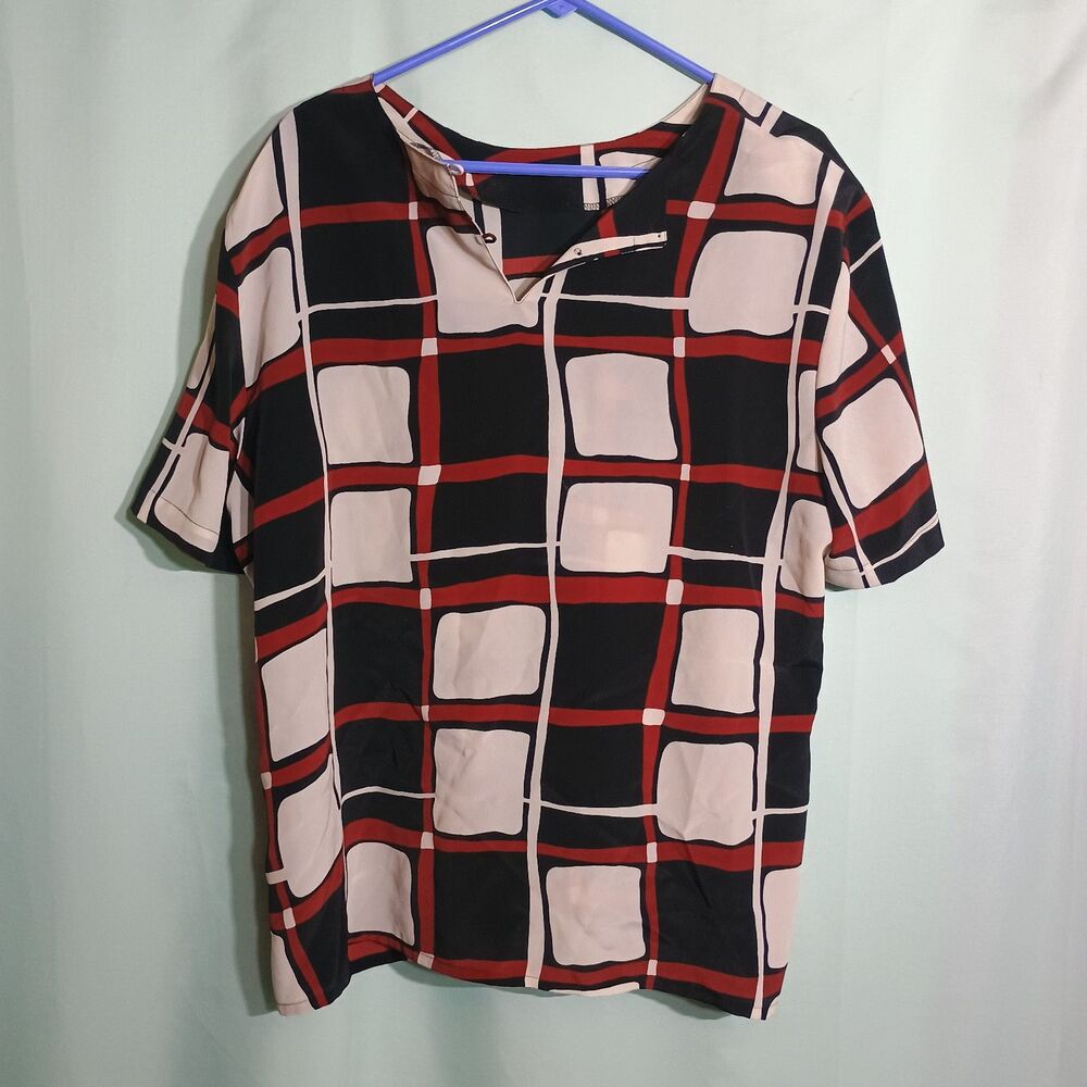 Women’s Black Red & Cream Geometric Plaid Blouse – Short Sleeve Top
